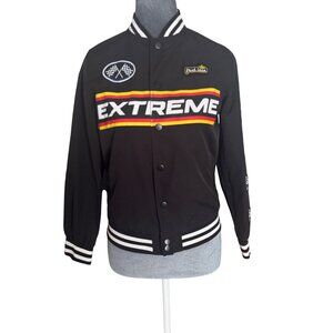Extreme Racing Jacket Snap Button Closure Black White Striped Cuffs & Hem Embroi